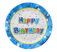 Talerzyki papierowe Happy Birthday niebieskie 18 cm, 6 szt. KK