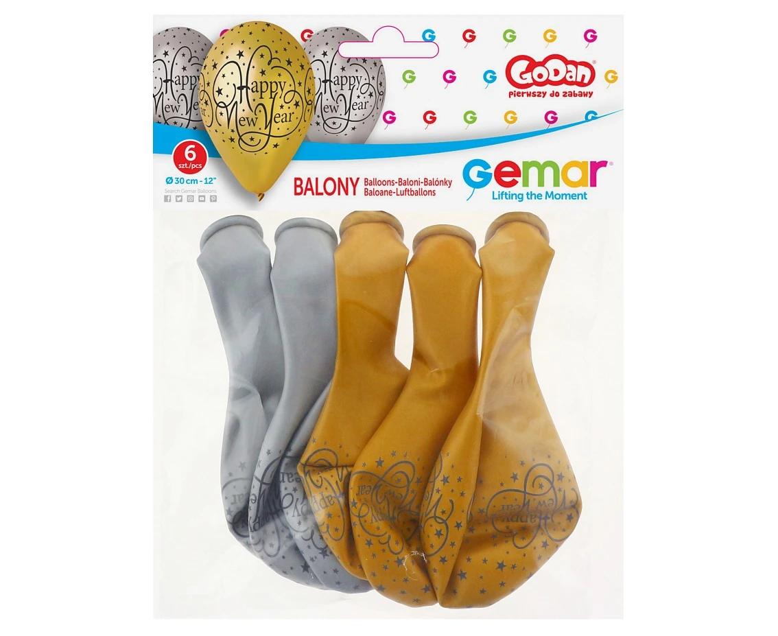 Balony Gemar 12", pastel premium "happy new year", złote i srebrne, 6szt. KK