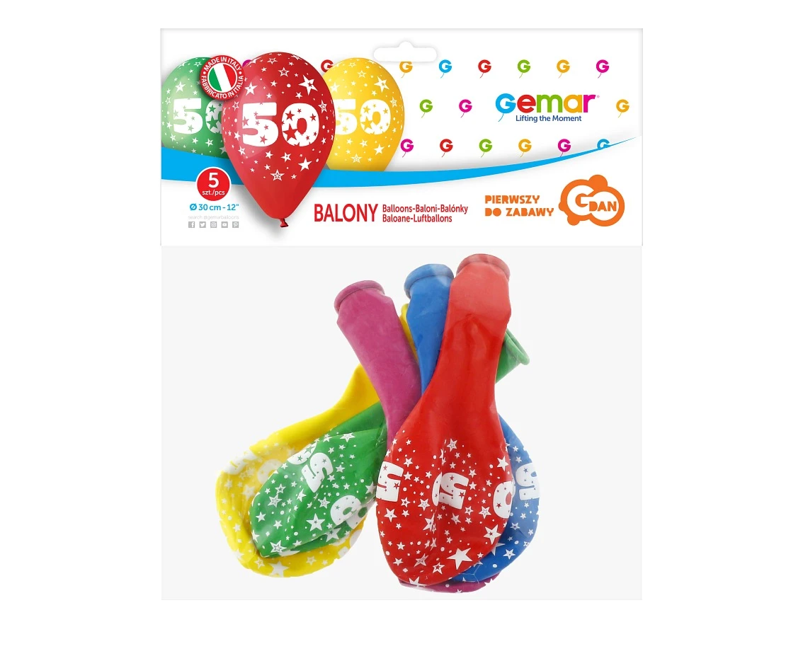 Balony Gemar 12", 50. urodziny, pastel mix, 5szt. KK