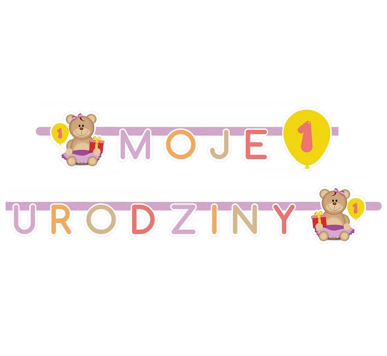 Girlanda "Moje 1 Urodziny", 1 szt., różowa, 1.9 m KK
