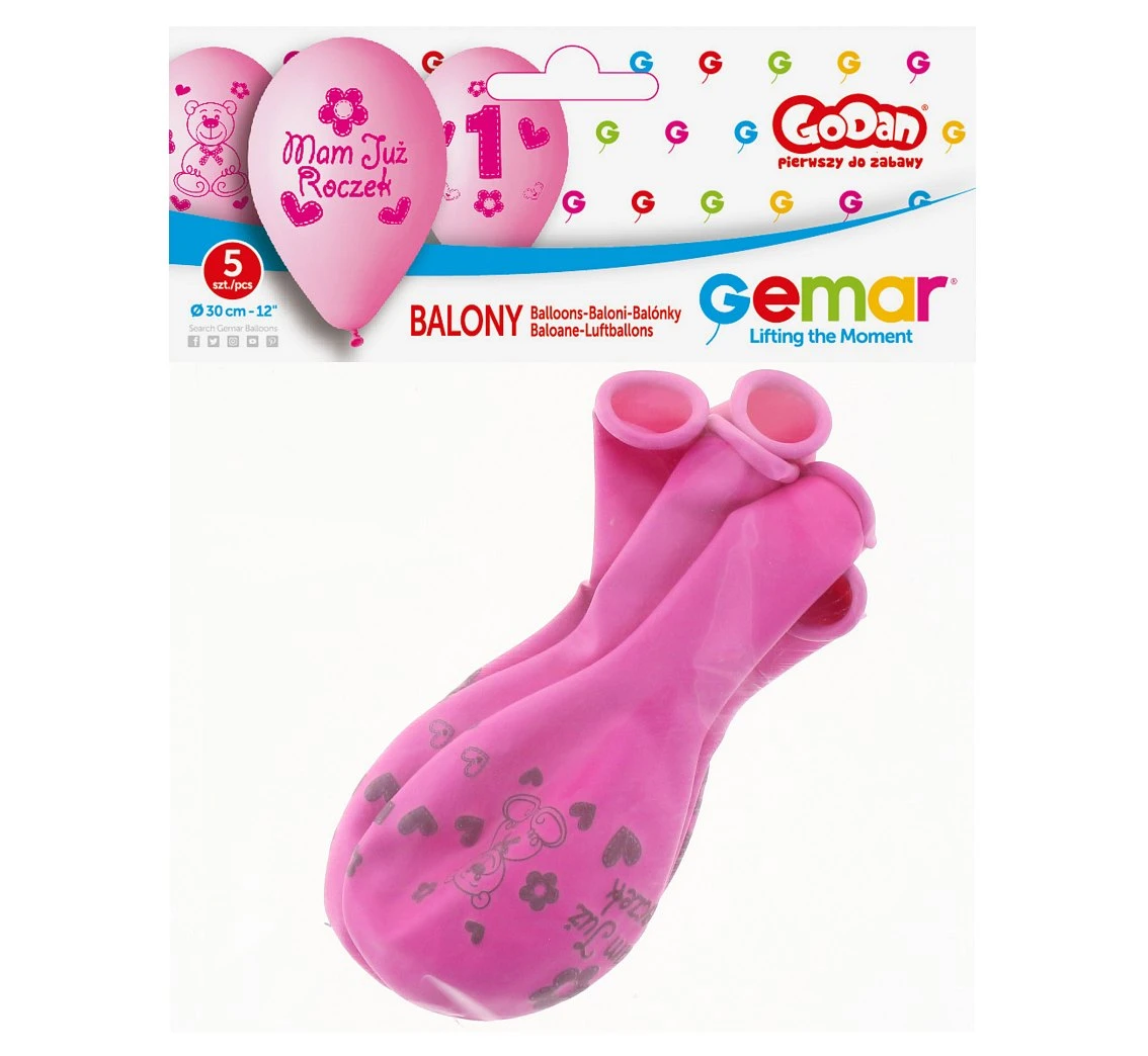 Balony Gemar 12", premium moje 1 urodziny (różowy), 5szt.