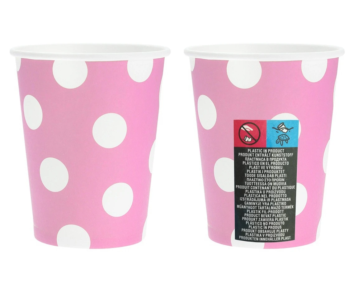 Kubeczki pap. różowe, groszki białe, 270ml/6 szt.