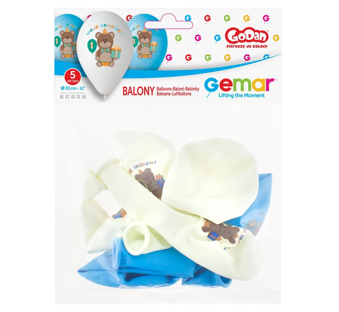 Balony Gemar 12", premium moje 1 urodziny, nad. kolorowy, dla chłopca, 5szt. KK
