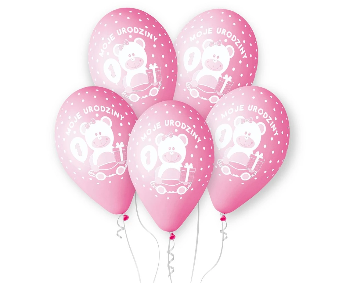 Balony Gemar 12", premium "moje 1 urodziny", różowe, dla dziewczynki, 5szt. KK