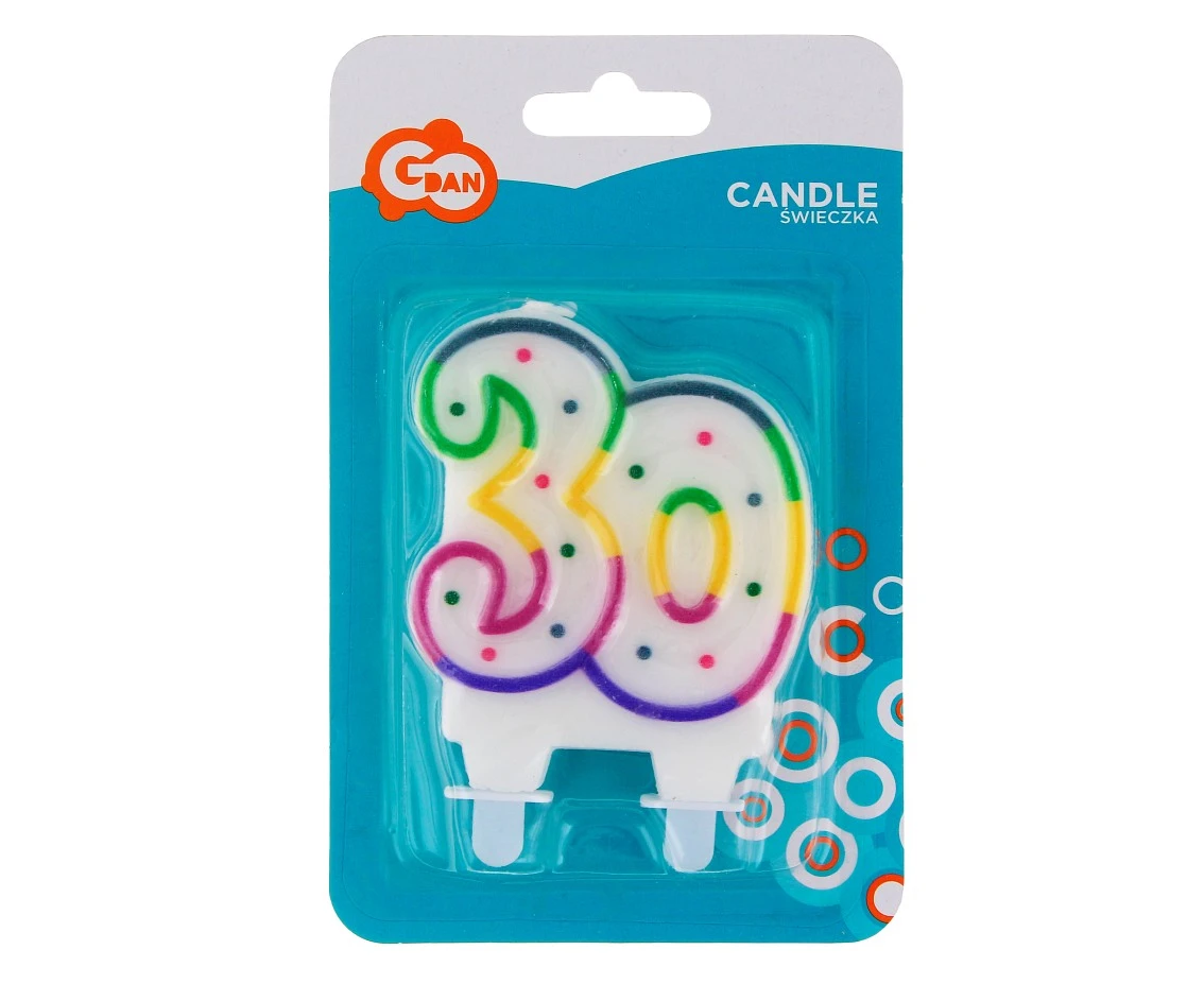 Świeczka cyferka z kropeczkami "30", 8 cm KK