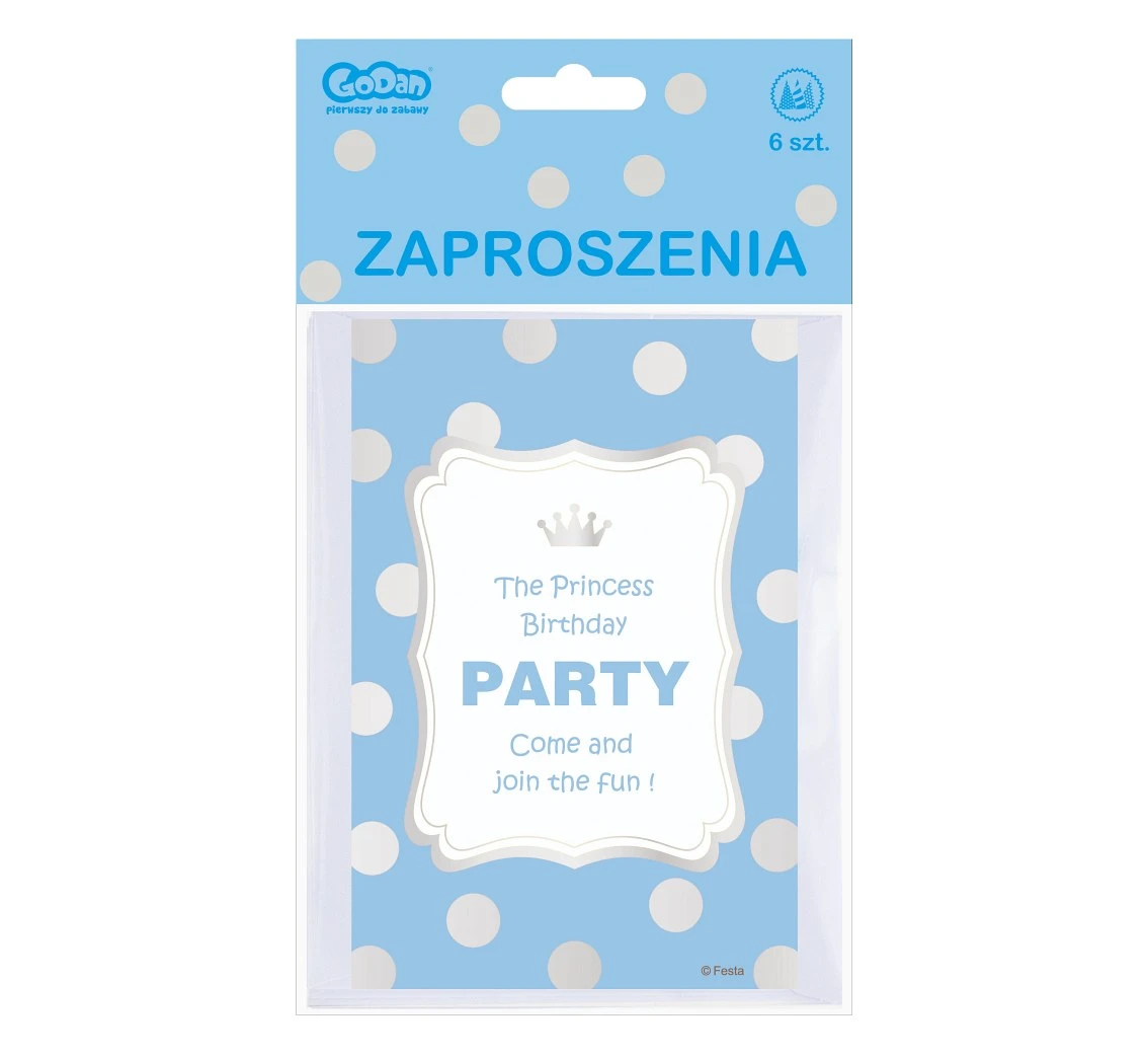 Zaproszenia z kopertą "Srebrne groszki", niebieskie, 6 szt. KK