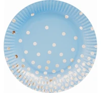 Talerzyki papierowe "Srebrne groszki", niebieskie, 18 cm, 6 szt. KK