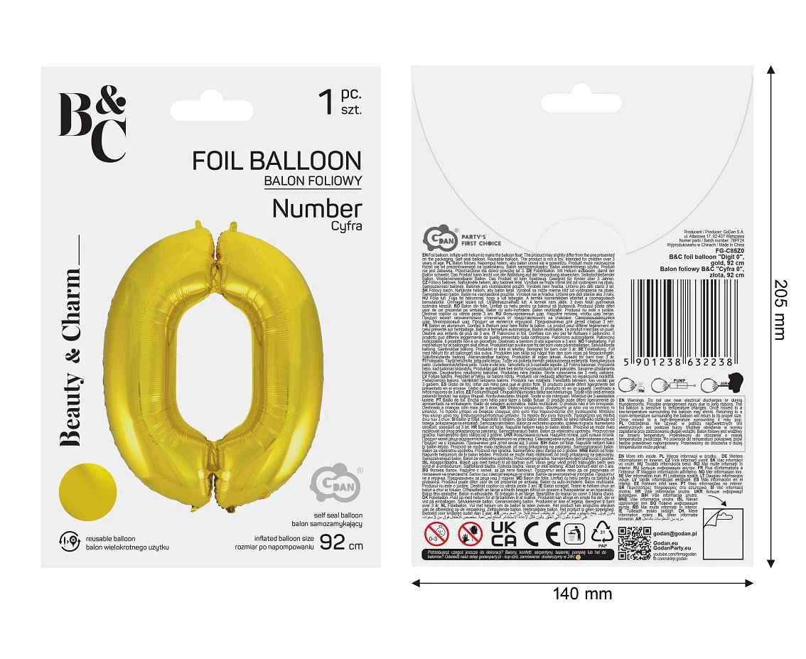 Balon foliowy B&C Cyfra 0, złota, 92 cm AA