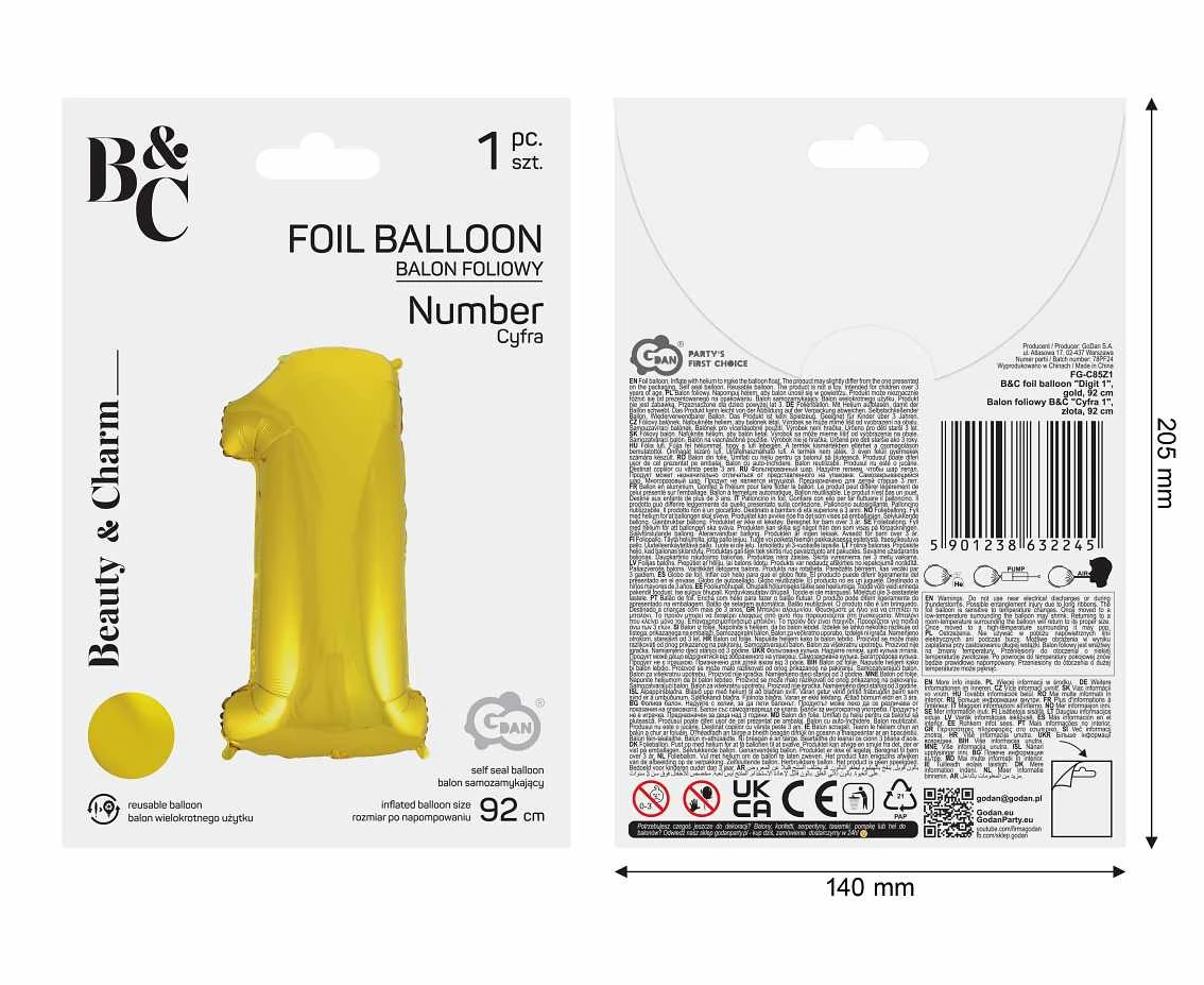 Balon foliowy B&C Cyfra 1, złota, 92 cm AA