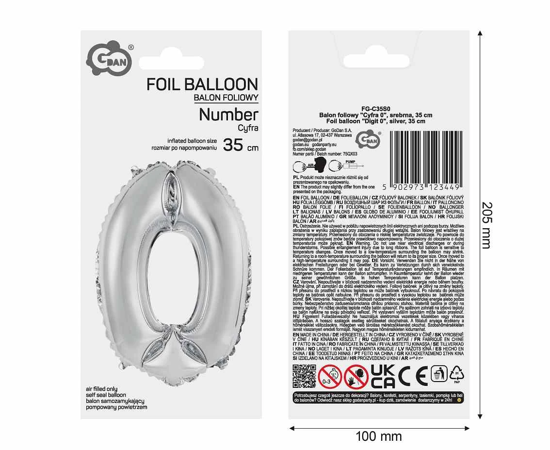 Balon foliowy "Cyfra 0", srebrna, 35 cm KK