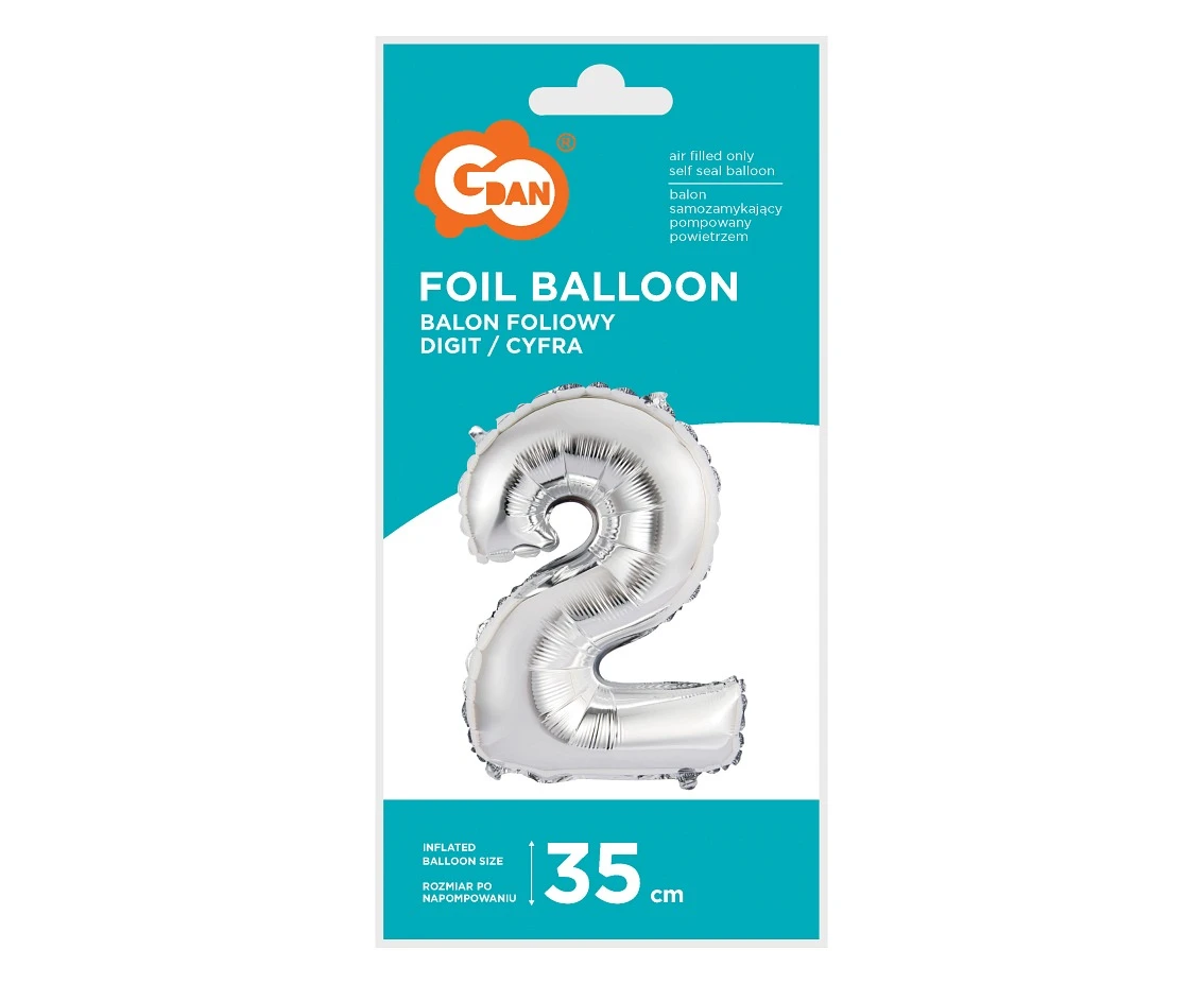 Balon foliowy "Cyfra 2", srebrna, 35 cm KK