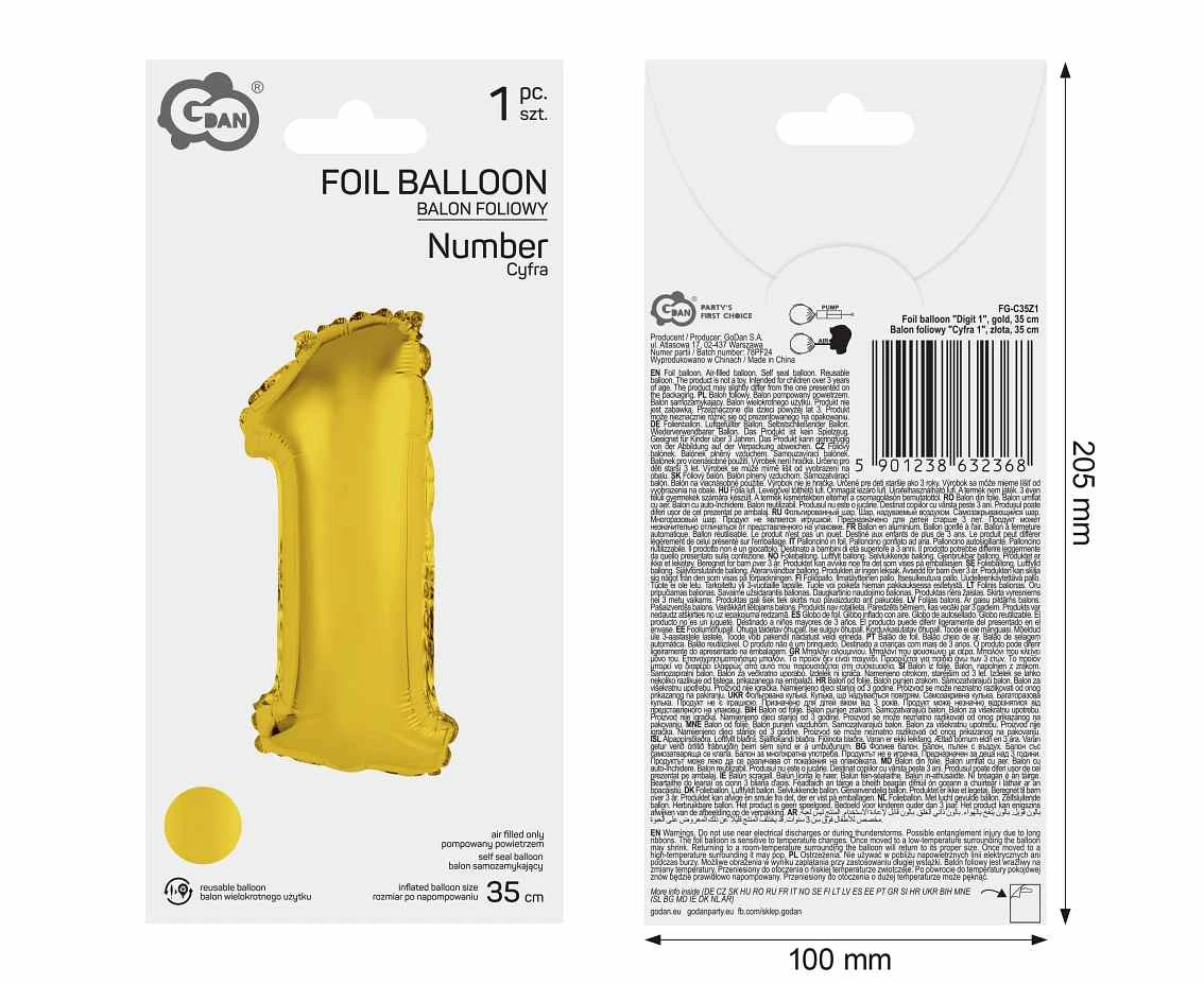Balon foliowy "Cyfra 1", złota, 35 cm