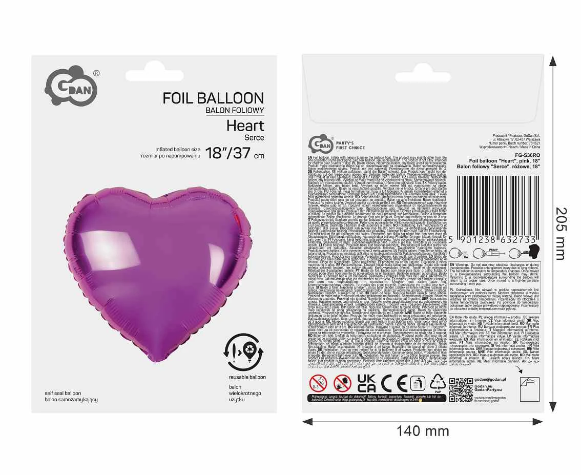 Balon foliowy "Serce", różowe, 18"