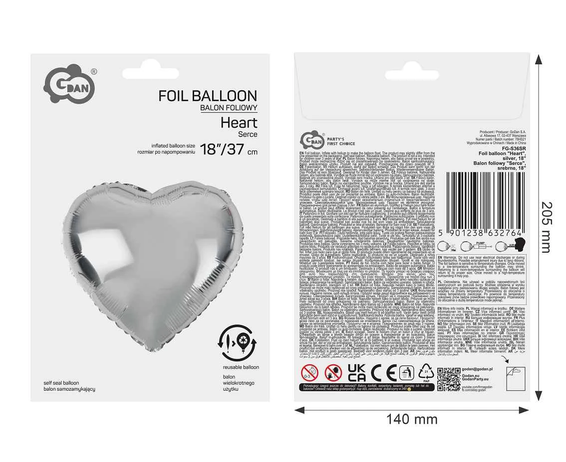 Balon foliowy "Serce", srebrne, 18"