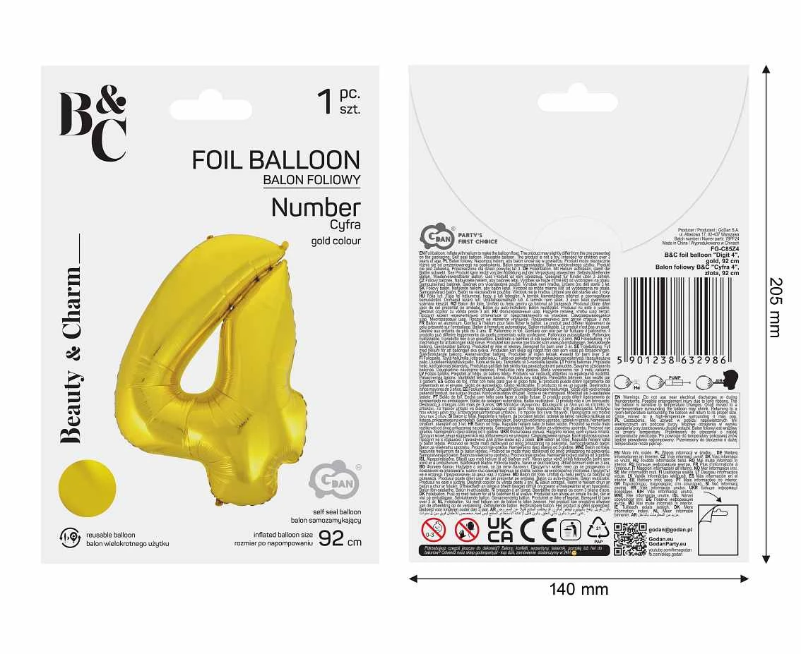 Balon foliowy B&C Cyfra 4, złota, 92 cm AA