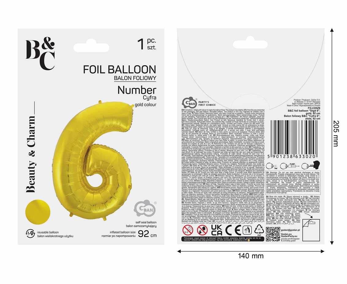 Balon foliowy B&C Cyfra 6, złota, 92 cm AA
