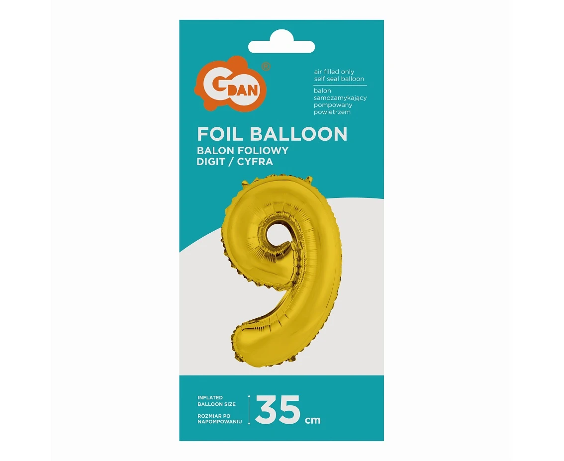 Balon foliowy "Cyfra 9", złota, 35 cm