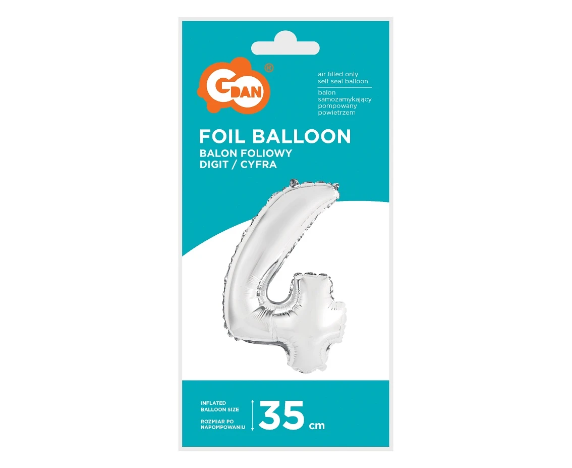 Balon foliowy "Cyfra 4", srebrna, 35 cm KK