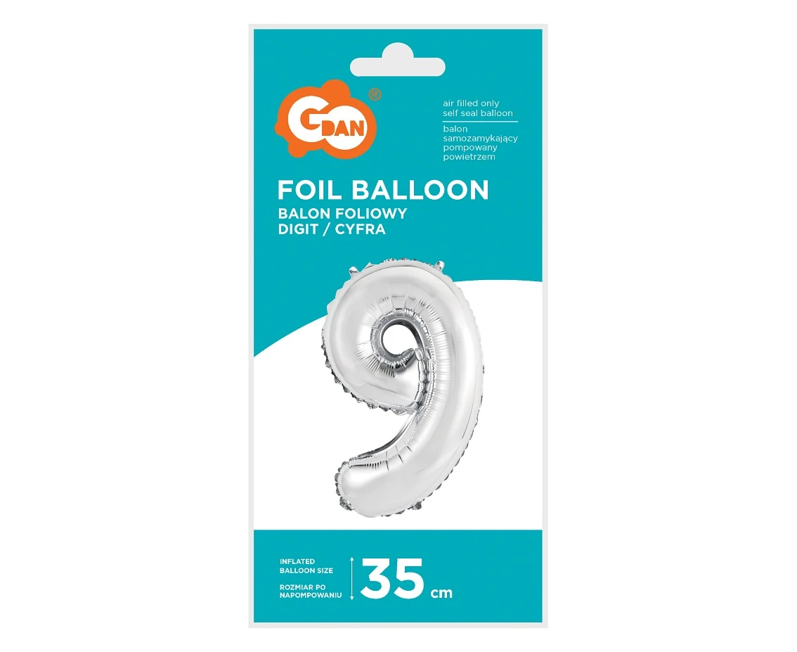 Balon foliowy "Cyfra 9", srebrna, 35 cm KK