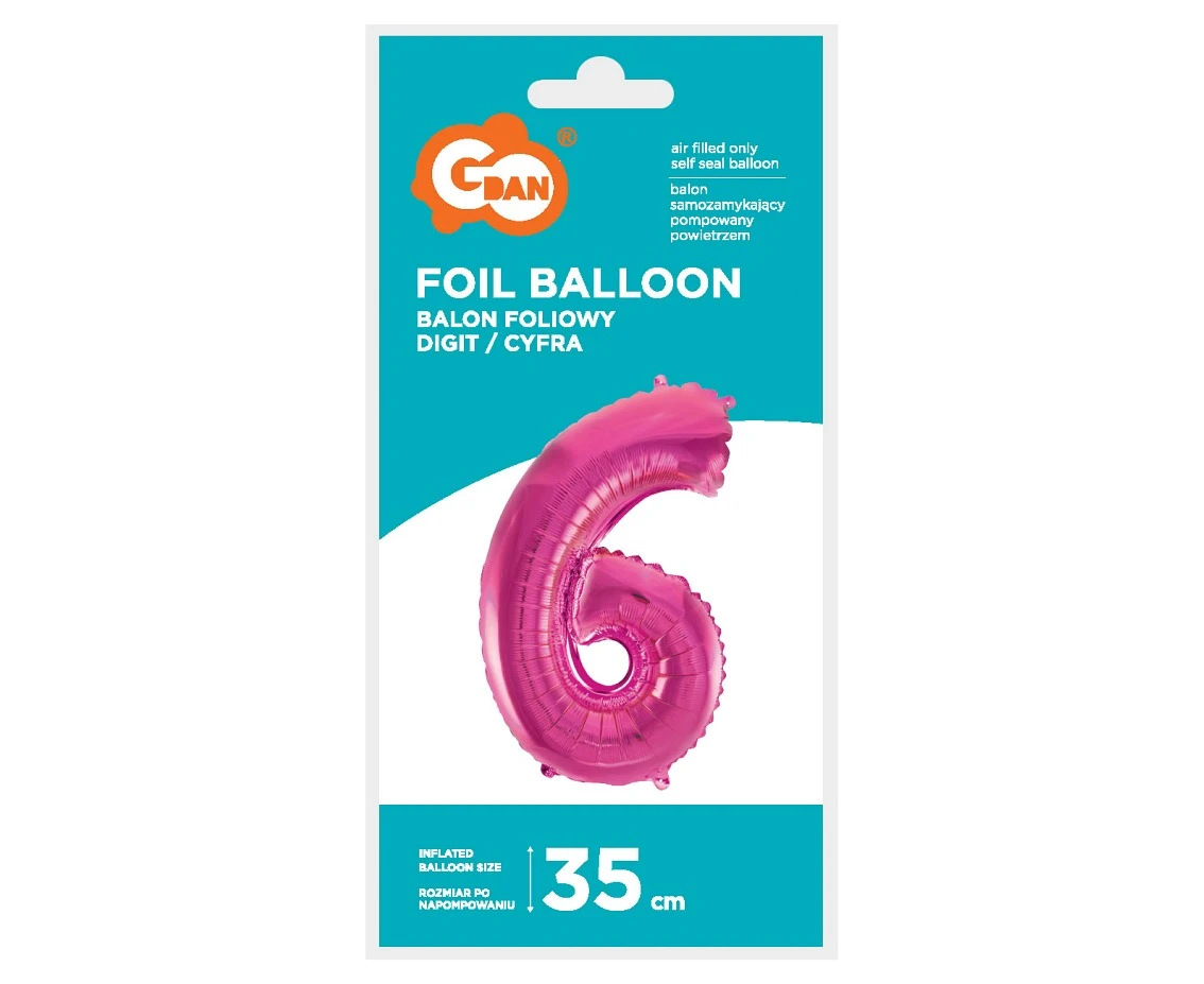 Balon foliowy "Cyfra 6", różowa, 35 cm KK