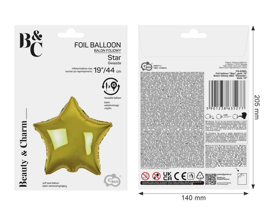 Balon foliowy B&C "Gwiazda", złota, 19" AA