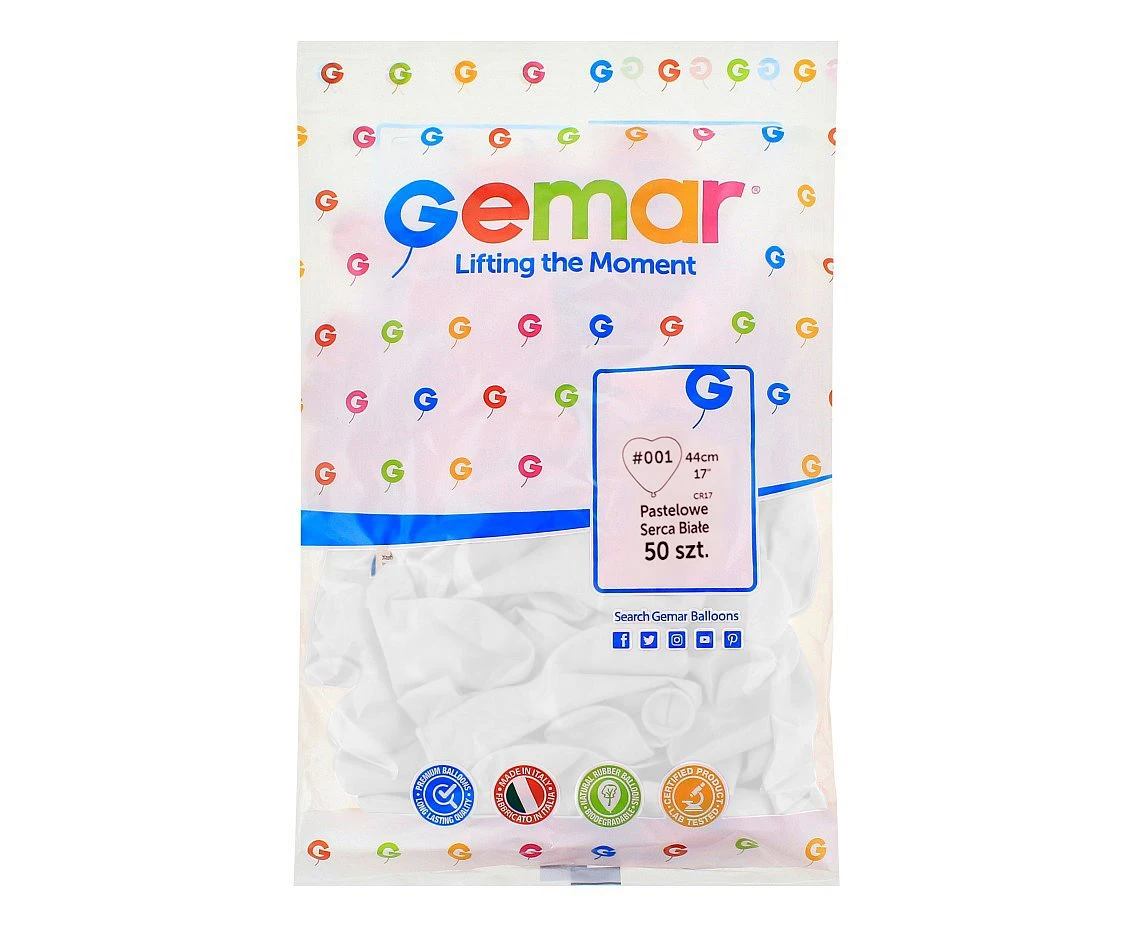 Balony Gemar 17", CR pastel serca duże białe, 50szt.