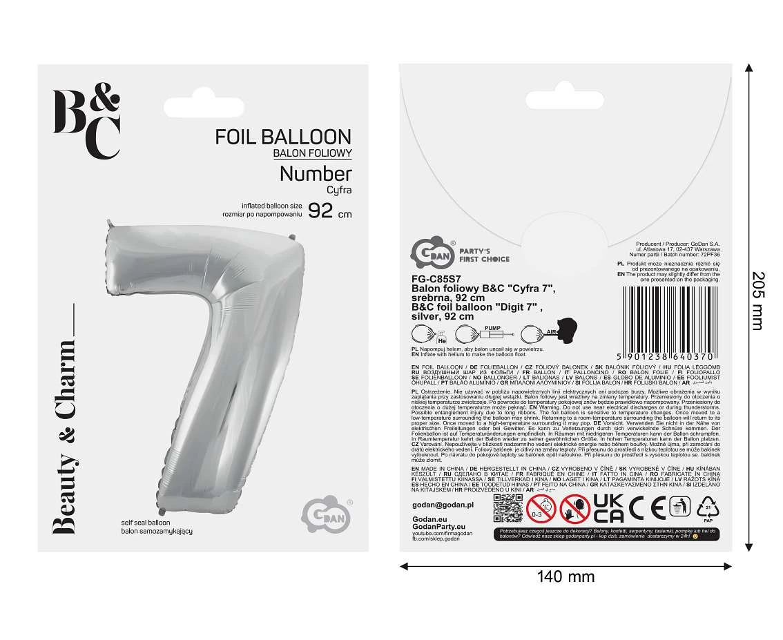 Balon foliowy B&C Cyfra 7, srebrna, 92 cm AA