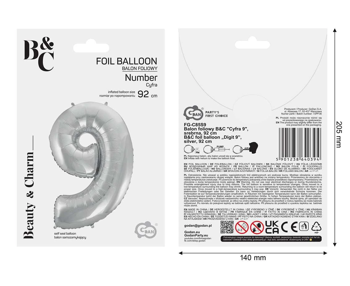 Balon foliowy B&C Cyfra 9, srebrna, 92 cm AA