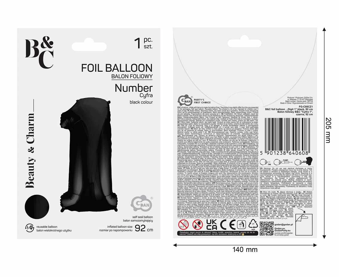 Balon foliowy B&C Cyfra 1 czarna, 92 cm AA