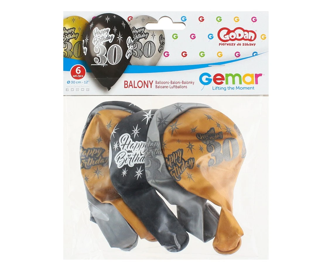 Balony Gemar 12", premium happy birthday 30, metalik, 6szt.