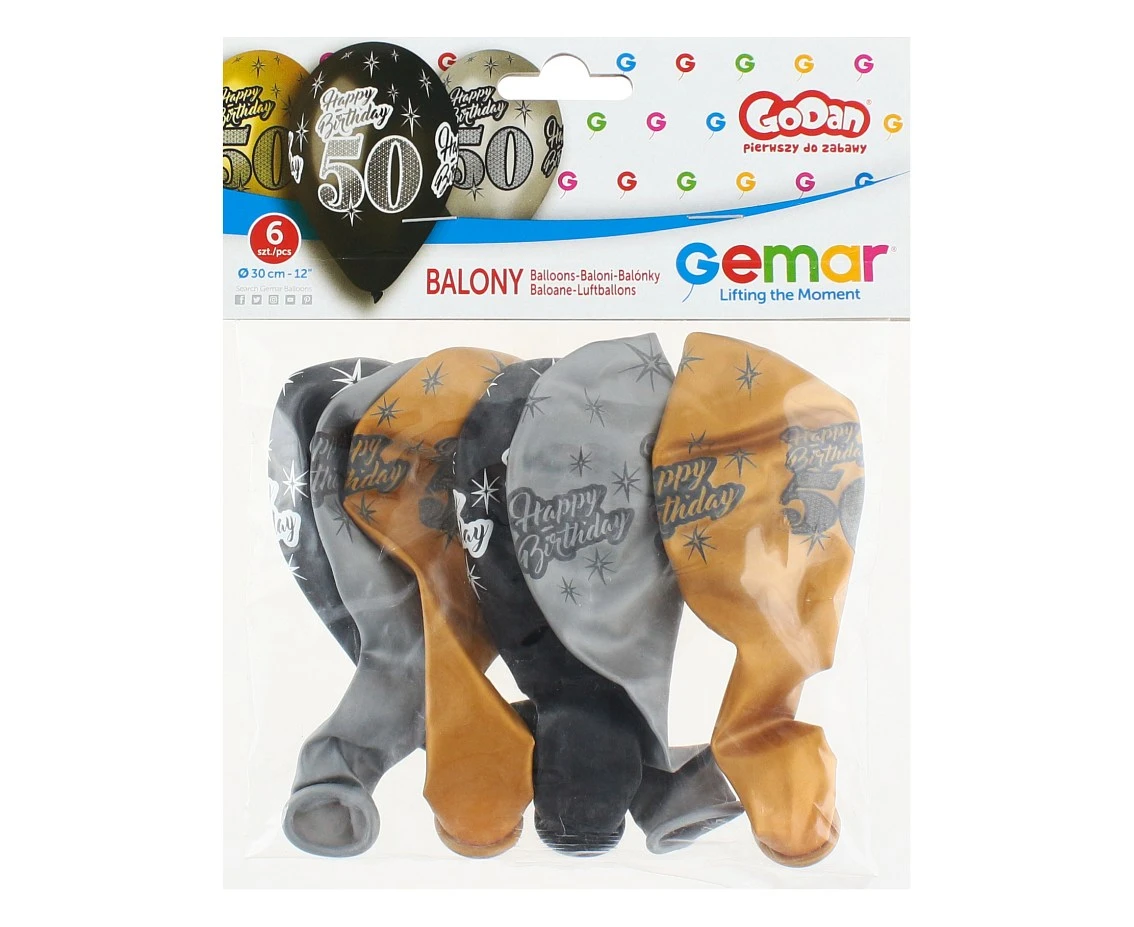 Balony Gemar 12", premium happy birthday 50, metalik, 6szt.