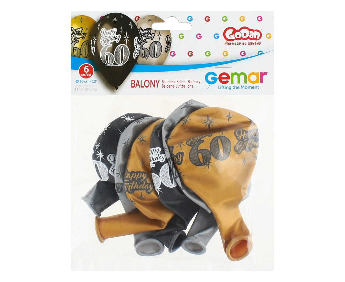 Balony Gemar 12", premium "happy birthday 60", metalik, 6szt.
