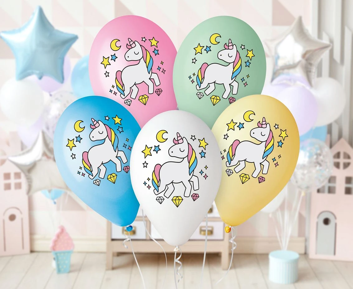 Balony Gemar 12", pastel premium "jednorożec magiczna noc", nad. kolorowy, 5szt.