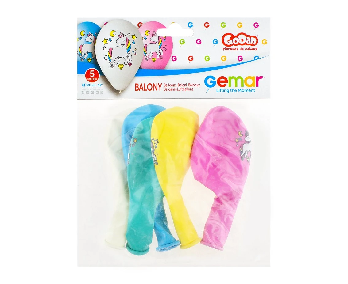 Balony Gemar 12", pastel premium "jednorożec magiczna noc", nad. kolorowy, 5szt.