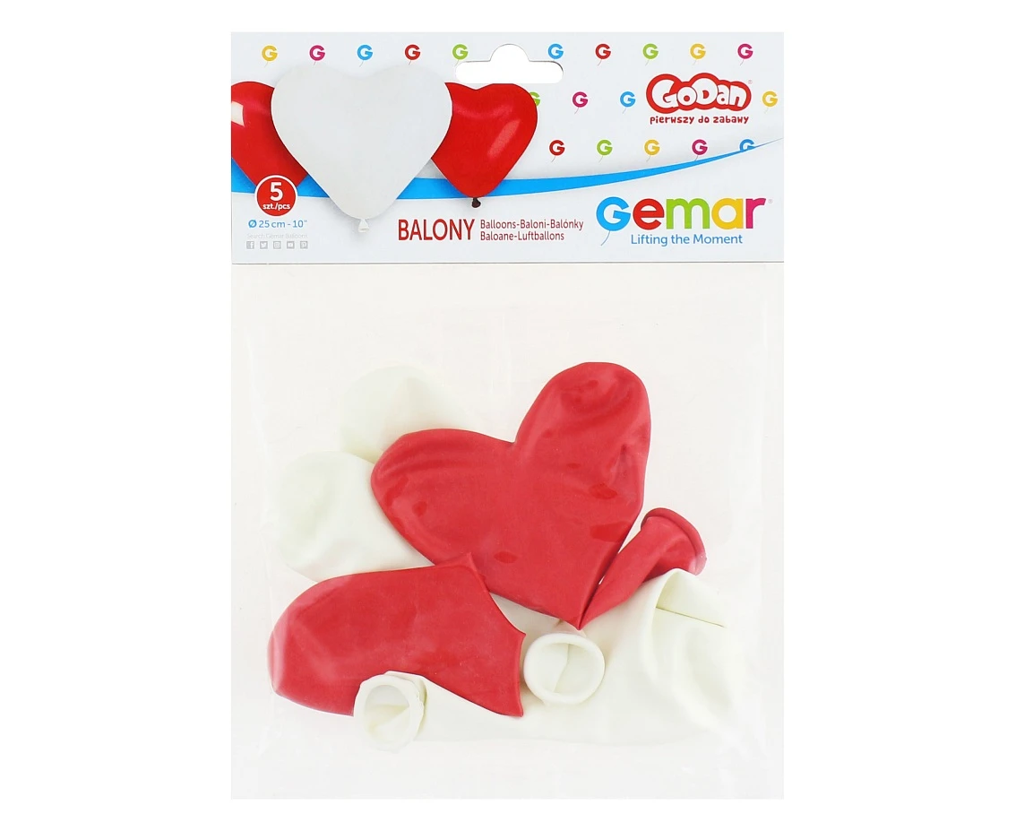Balony Gemar 10", CR pastel serca ciemnoczerwone i białe, 5szt.