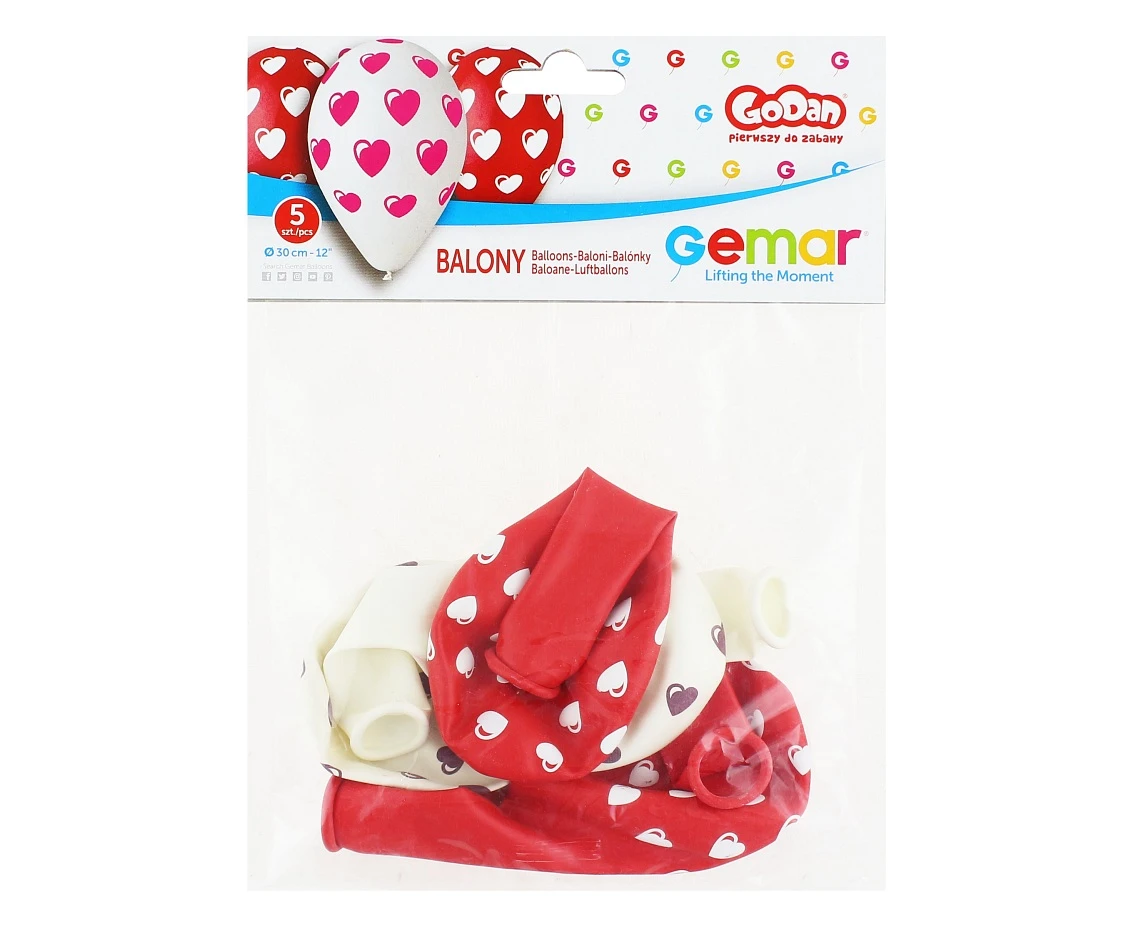 Balony Gemar 12", pastel premium serduszka, czerwone i białe, 5szt.