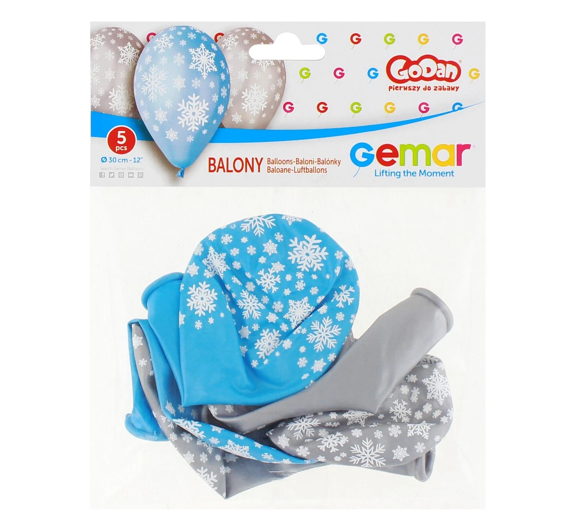 Balony Gemar 12", premium "płatki śniegu", metalik, 5szt. KK