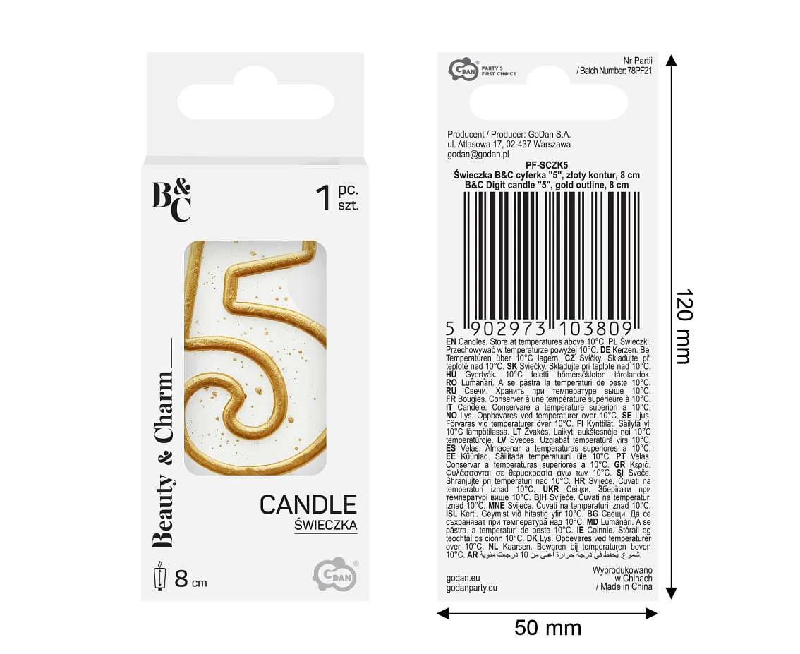 Świeczka B&C cyferka "5", złoty kontur, 8 cm