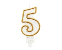 Świeczka B&C cyferka "5", złoty kontur, 8 cm