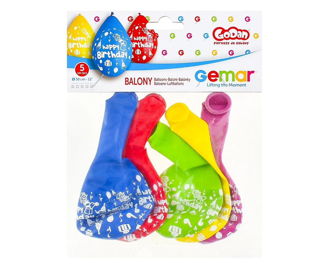 Balony Gemar 12", pastel premium "happy birthday (party), 5szt. (wiszące)