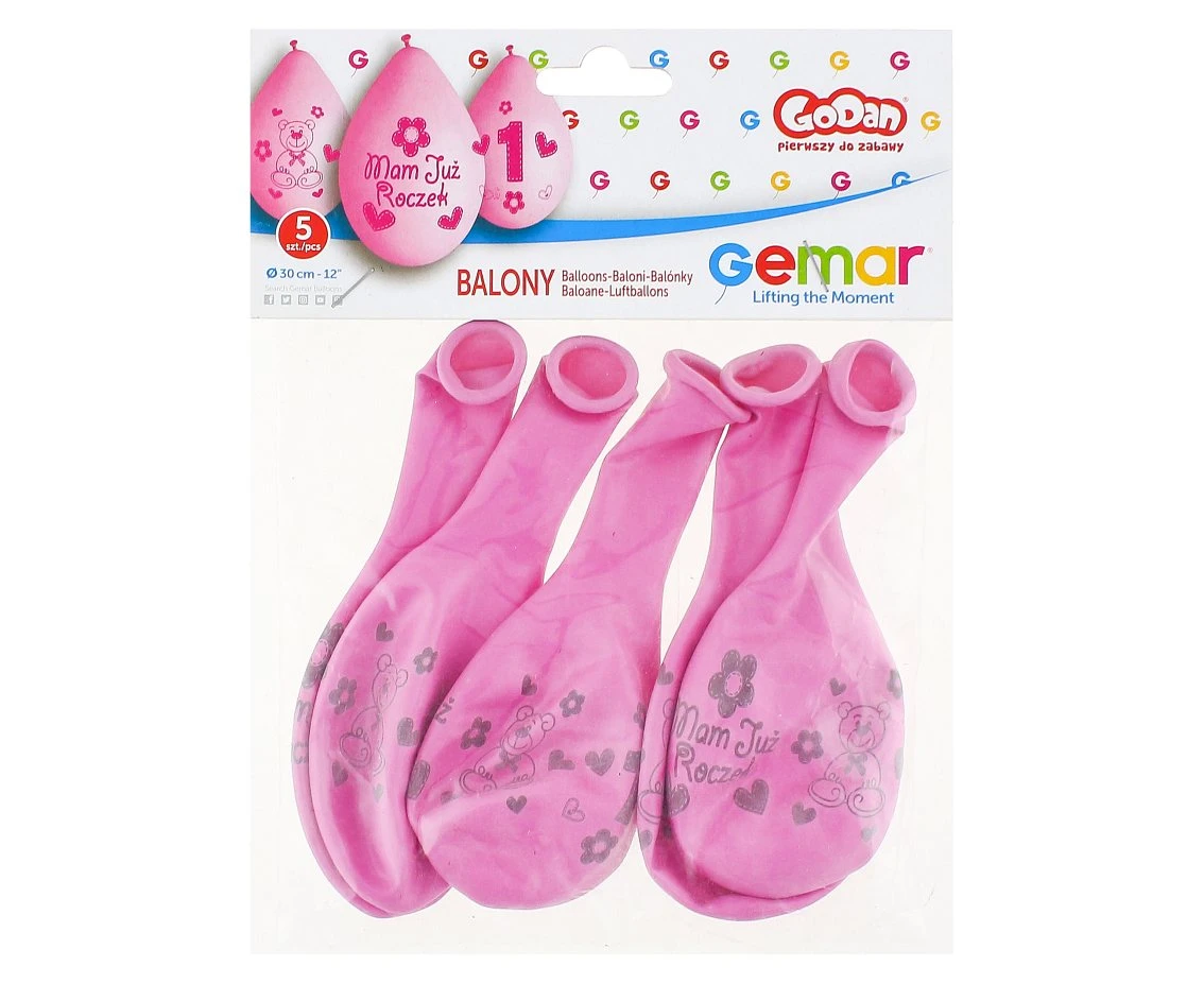 Balony Gemar 12", premium "moje 1 urodziny ( różowy ), 5szt. KK