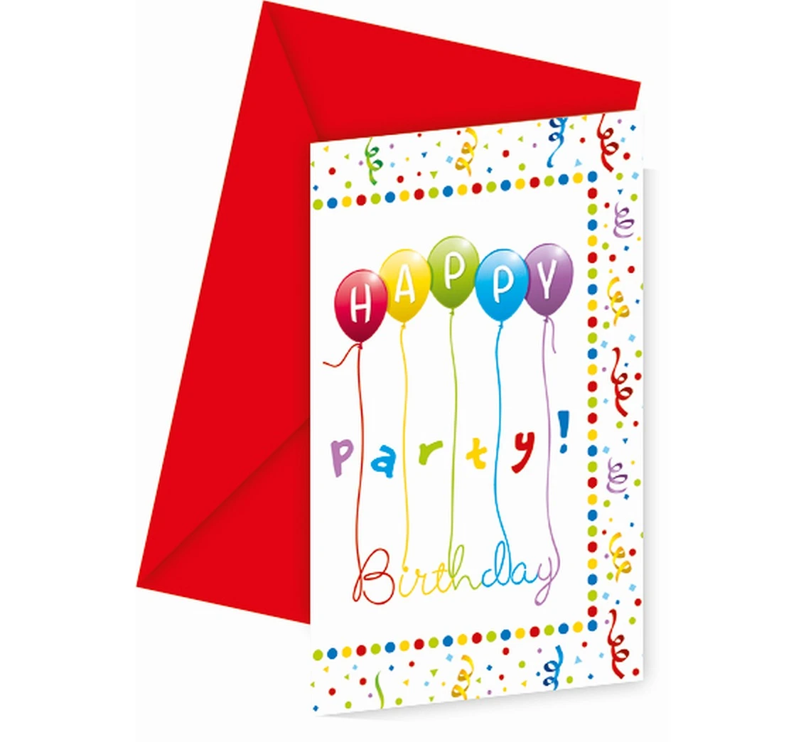 Zaproszenia z kopertami Happy Birthday Streamers Party, 6 szt.