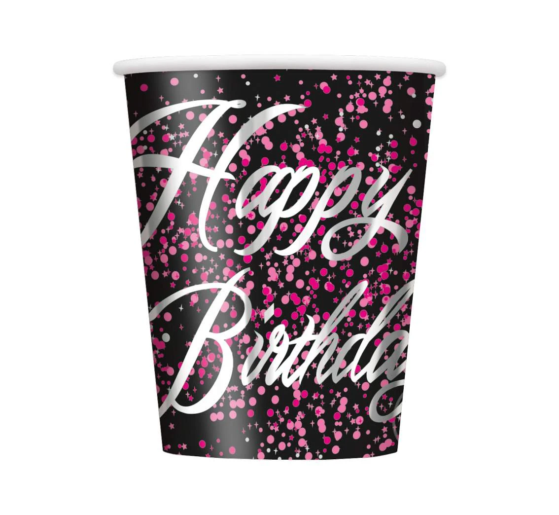 Kubeczki papierowe "Glitz - Happy Birthday" różowe, 8 szt.