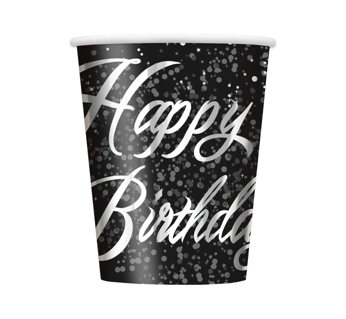 Kubeczki papierowe "Glitz - Happy Birthday", srebrne, 8 szt.