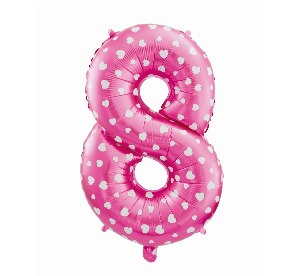 Balon foliowy "Cyfra 8", różowa w serca, 61 cm KK