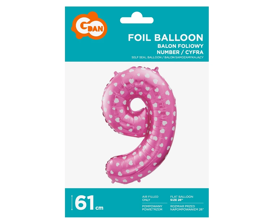 Balon foliowy "Cyfra 9", różowa w serca, 61 cm KK