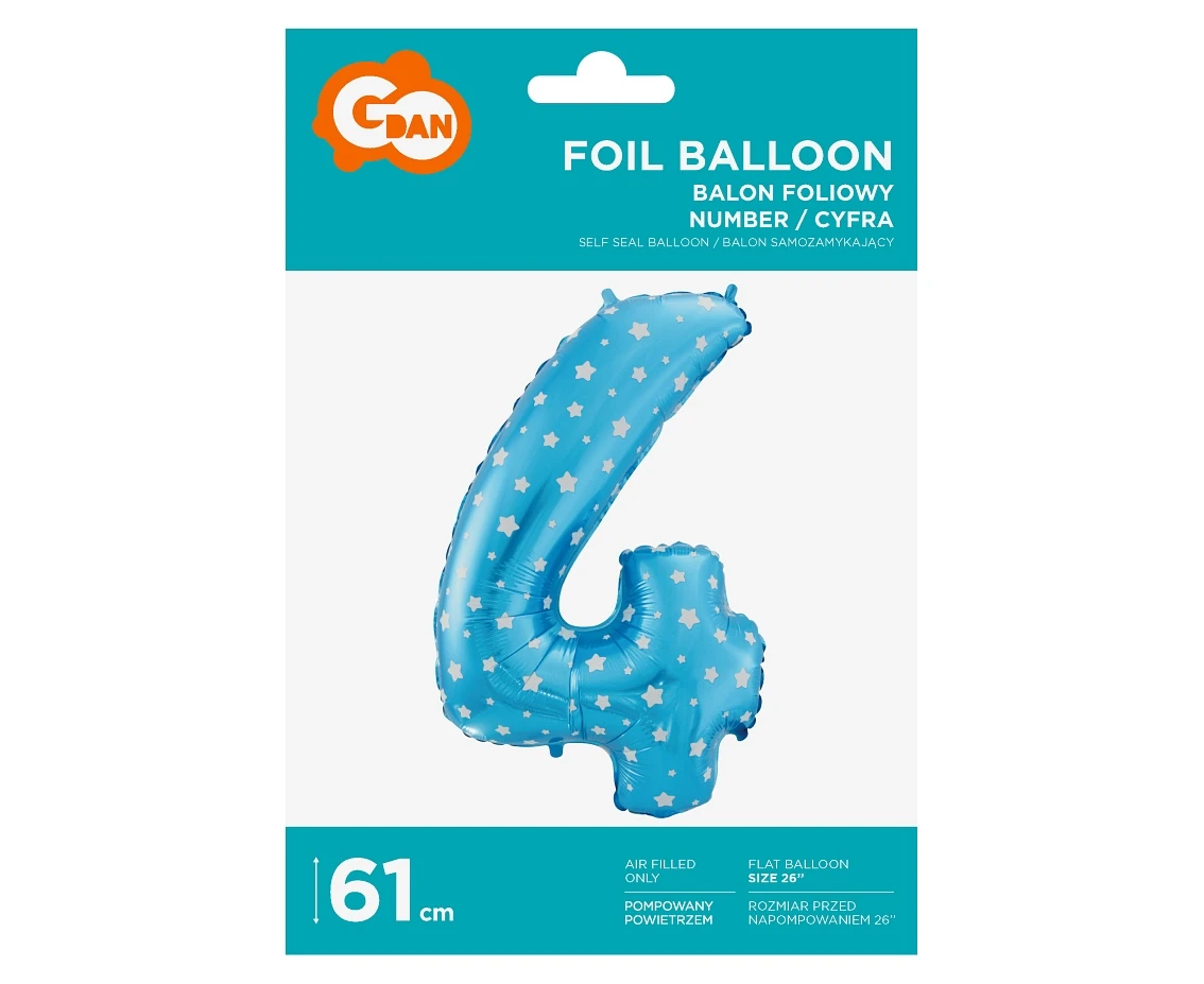 Balon foliowy "Cyfra 4", niebieska w gwiazdy, 61 cm KK