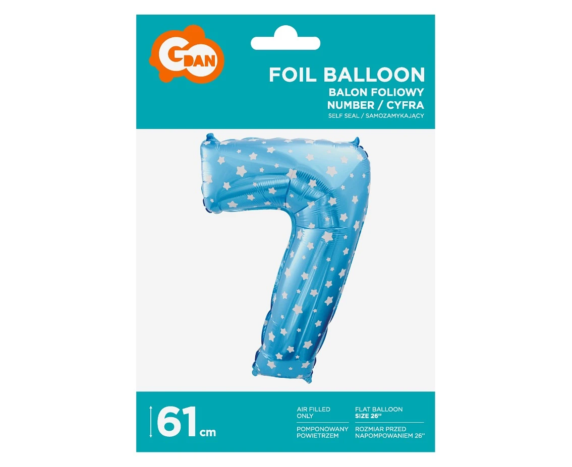 Balon foliowy "Cyfra 7", niebieska w gwiazdy, 61 cm KK