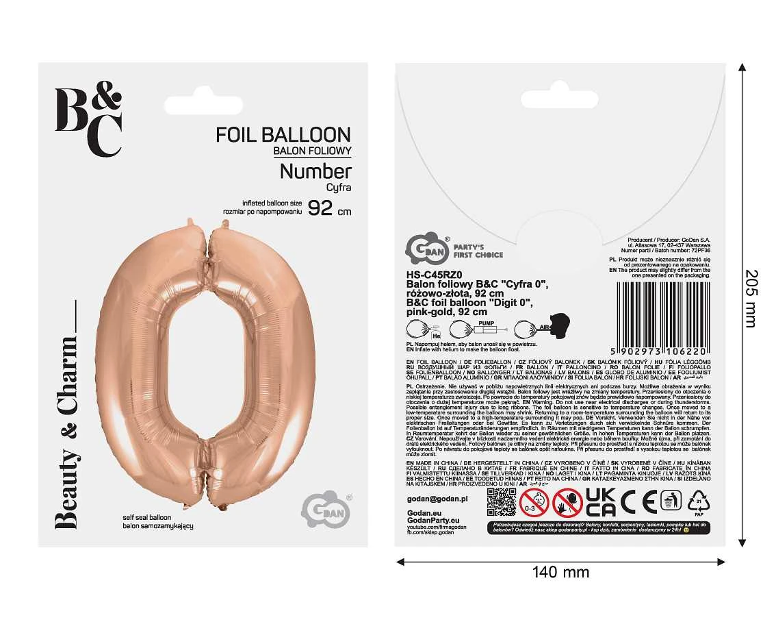 Balon foliowy B&C "Cyfra 0", różowo-złota, 92 cm KK