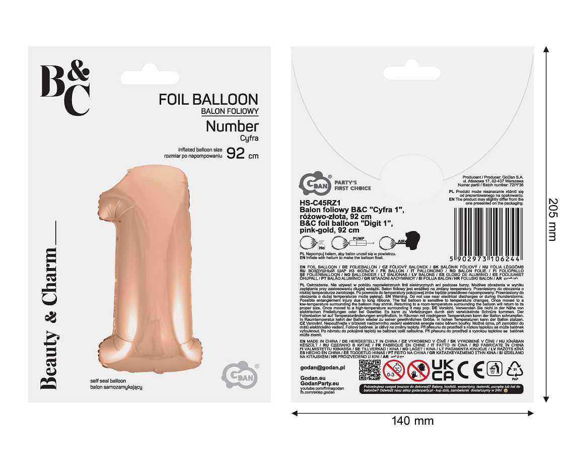 Balon foliowy B&C "Cyfra 1", różowo-złota, 92 cm KK